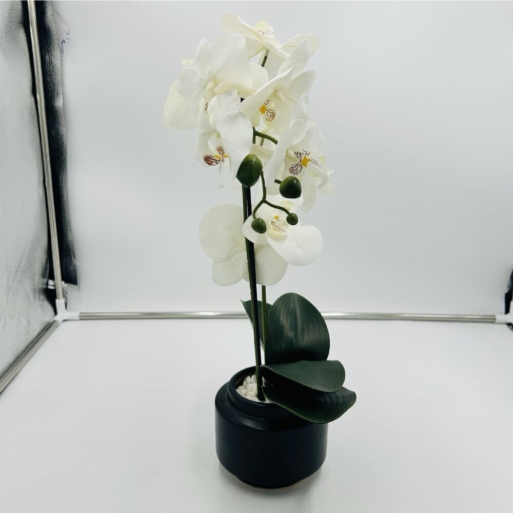 White Phalaenopsis 19" Orchid Artificial Flowers with Black Vase Arrangement - Picture 8 of 9